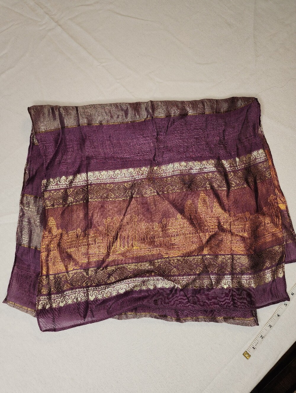 Purple And Gold Metallic 100% Cambodia Silk Scarf
